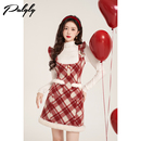 裙子 设计感甜美木耳边法式 圣诞红色格子呢子背带连衣裙女冬季 新款