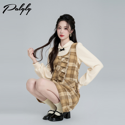小香风黄色格子毛呢背心连衣裙女