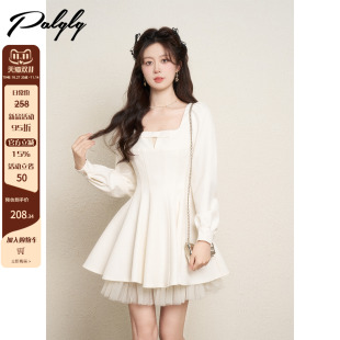 富家千金风法式 连衣裙女秋冬高级感掐腰蓬蓬a字公主裙子 方领长袖