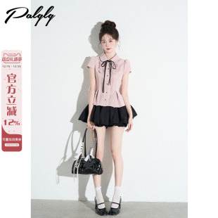 短袖 小衫 衬衫 设计感小众绝美短款 女士上衣 夏季 娃娃领粉色甜美法式