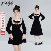 小香风拼接蕾丝黑色丝绒连衣裙女冬装 赫本风法式 方领miu系a字裙子