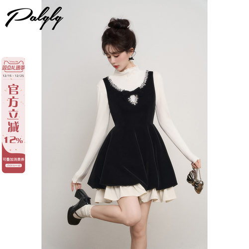 富家千金风黑色丝绒背心连衣裙女