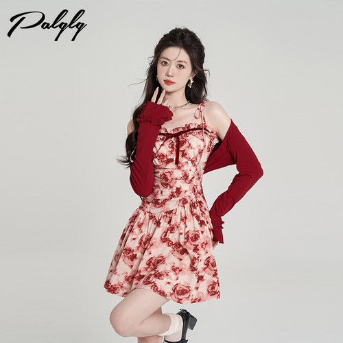 木耳边方领碎花吊带连衣裙女春装