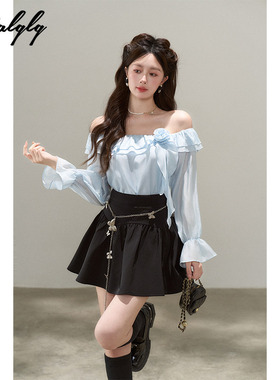 法式气质蓝色一字肩长袖衬衫女秋装新款小香风绝美小衫喇叭袖上衣