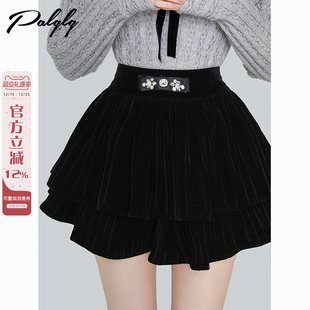 百搭高腰黑色丝绒半身裙女秋冬季 甜美双层蓬蓬裙子小个子短裙 新款