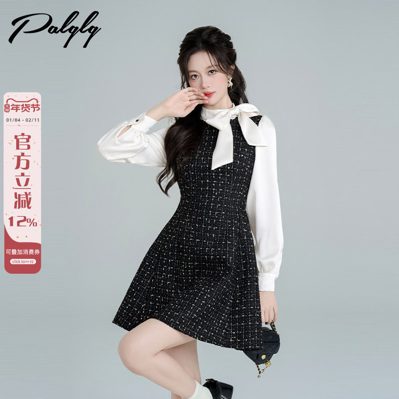 假两件小香风黑色蝴蝶结连衣裙女冬季法式气质名媛收腰蓬蓬a字裙,女装/女士精品,连衣裙,淘宝优惠券,粉丝福利购,淘宝优惠卷