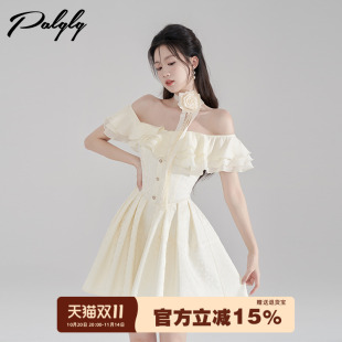 一字肩荷叶边白色连衣裙女夏季 高级感收腰露肩a字裙甜美公主裙子