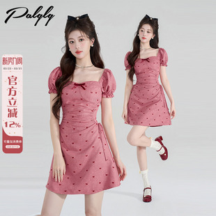 新款 连衣裙女夏季 蝴蝶结气质甜美收腰a字裙 泡泡袖 玫粉色方领法式