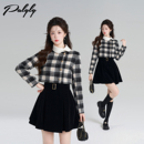 Palglg法式 小香风加厚收腰a字打底裙 假两件格子丝绒连衣裙女冬季