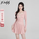 设计感褶皱方领粉色连衣裙女长袖 裙子 收腰温柔法式 春季 2025年新款