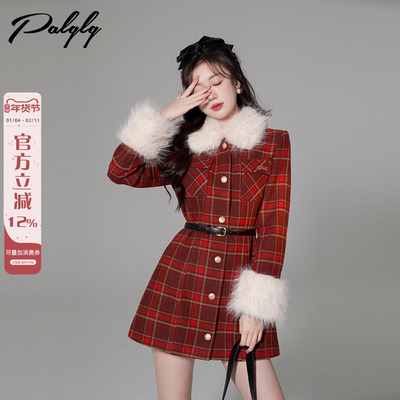新年红色圣诞格子毛呢外套女