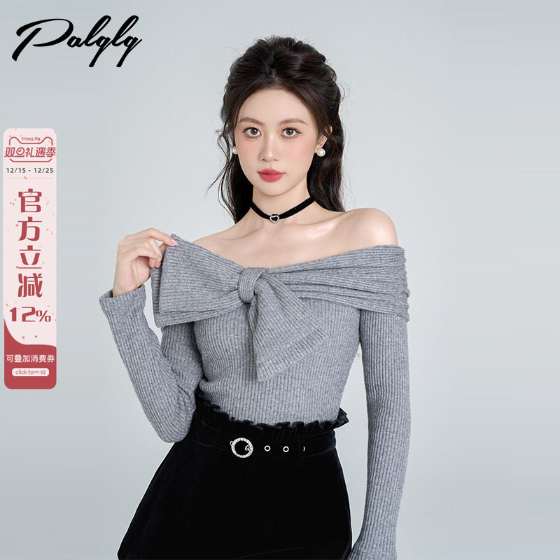 设计感小众灰色一字肩法式毛衣女