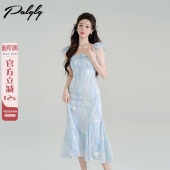 小香风蓝色方领小飞袖 气质名媛温柔海边度假风长裙子 连衣裙女夏季