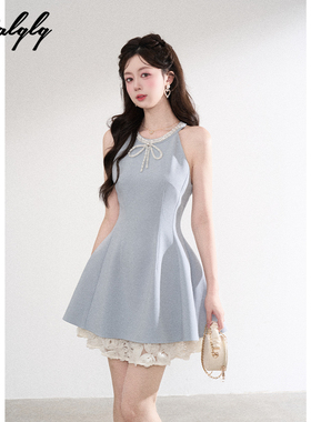 重工钉珠小香风蓝色无袖连衣裙女夏季富家千金风法式蕾丝边a字裙