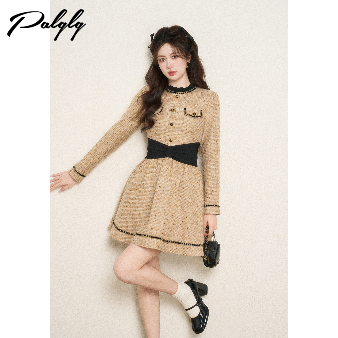 法式小香风卡其色连衣裙女秋冬装