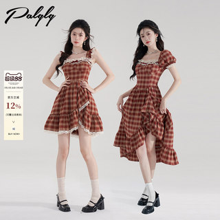 法式甜美风方领格纹背带连衣裙女夏季不规则红色公主蕾丝蓬蓬裙子