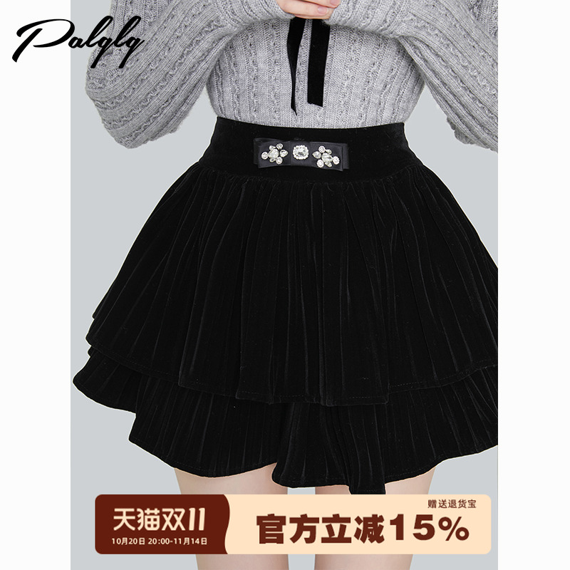 百搭高腰黑色丝绒半身裙女秋冬季新款甜美双层蓬蓬裙子小个子短裙