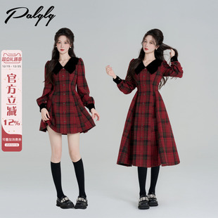 学院风娃娃领红色格子连衣裙女冬季 小香风收腰内搭a字裙 气质法式