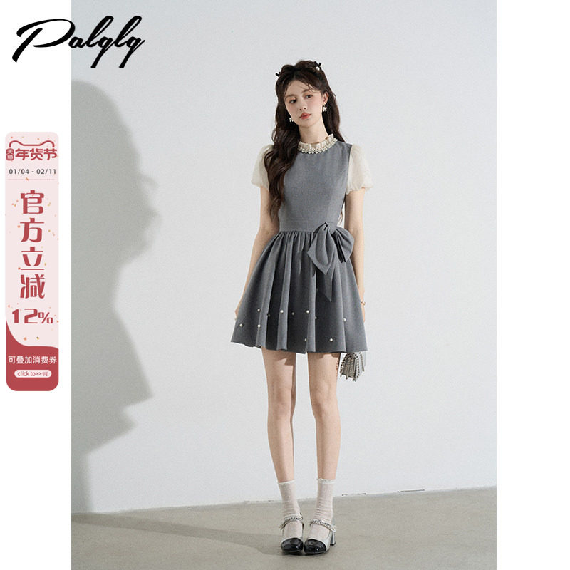 重工钉珠立领灰色法式连衣裙女夏季富家千金风收腰泡泡袖绝美裙子,女装/女士精品,连衣裙,淘宝优惠券,粉丝福利购,淘宝优惠卷