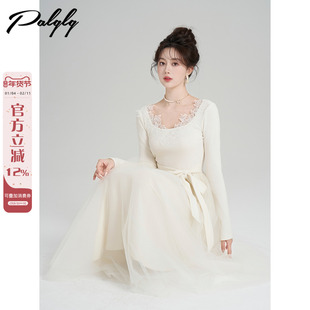 Palglg法式温柔风白色蕾丝内搭连衣裙女冬季小香风拼接网纱长裙子