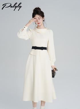 Palglg法式清冷富家千金杏色长袖连衣裙女冬高级感温柔风收腰长裙