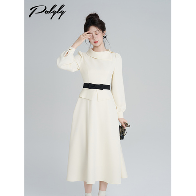 法式气质名媛杏色长袖连衣裙女冬