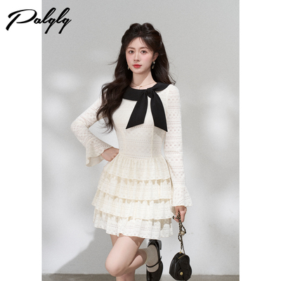 法式小香风杏色针织蛋糕连衣裙女