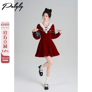 Palglg圣诞穿搭红色v领丝绒连衣裙女冬法式小香风收腰拼接蕾丝裙