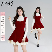 Palglg法式红色丝绒背带连衣裙女冬季重工钉珠收腰新年圣诞短裙子