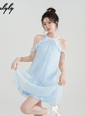 法式富家千金蓝色挂脖连衣裙女夏季新款荷叶边小香风无袖a字裙子