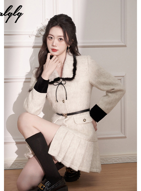 法式娃娃领羊毛毛呢连衣裙女小香风冬季高级感富家千金加厚百褶裙