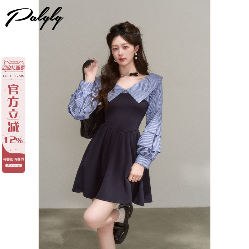 藏蓝色假两件长袖衬衫连衣裙女秋