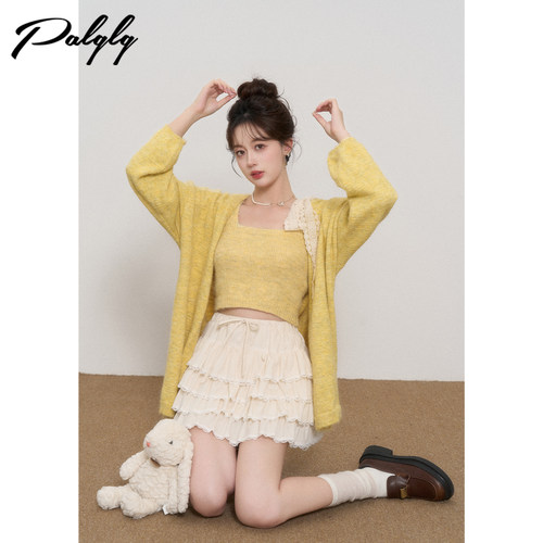 慵懒风黄色开衫中长款毛衣套装