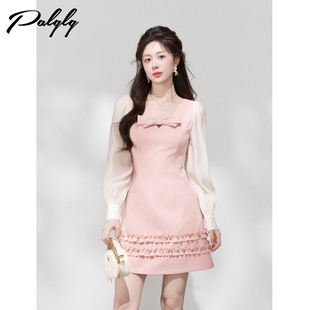 Palglg法式甜美粉色v领长袖连衣裙女春季高级感木耳边收腰a字裙子