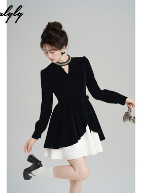 Palglg法式富家千金风黑色丝绒连衣裙女冬高级感重工荷叶边a字裙