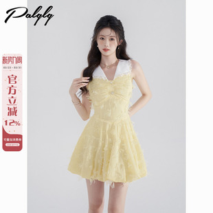 黄色蕾丝边甜美短裙小众设计感收腰裙子女 连衣裙新款 夏季 褶皱无袖