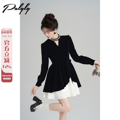 法式富家千金风黑色丝绒连衣裙女