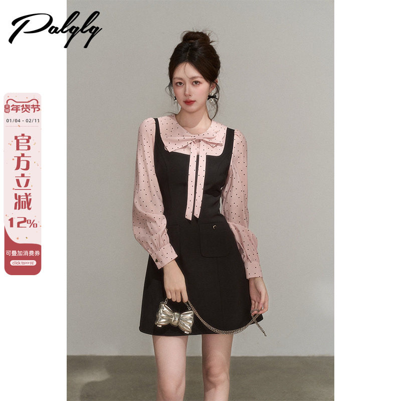 假两件法式甜美黑粉长袖连衣裙女秋季小香风气质miu系初恋小洋裙,女装/女士精品,连衣裙,淘宝优惠券,粉丝福利购,淘宝优惠卷