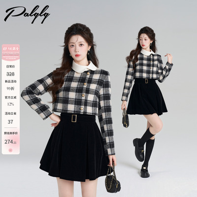 法式假两件格子丝绒连衣裙女冬季