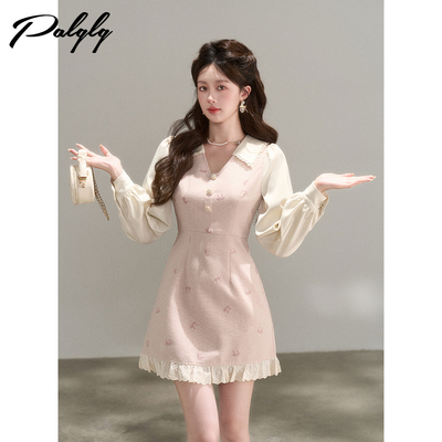 粉色甜美小香风v领长袖连衣裙