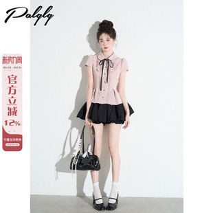 短袖 小衫 衬衫 设计感小众绝美短款 女士上衣 夏季 娃娃领粉色甜美法式