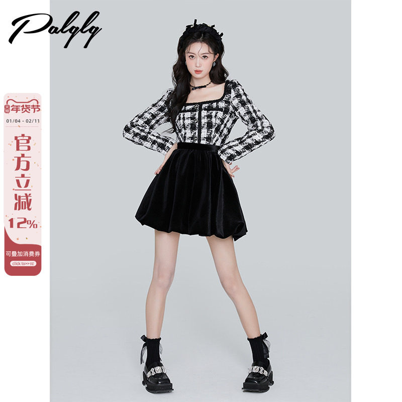 丝绒黑色花苞裙千鸟格假两件小香风连衣裙女秋冬高级感小个子短裙,女装/女士精品,连衣裙,淘宝优惠券,粉丝福利购,淘宝优惠卷