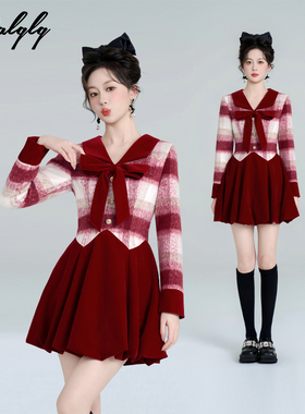红色格子假两件花苞连衣裙女冬季蝴蝶结甜美圣诞战袍法式收腰裙子