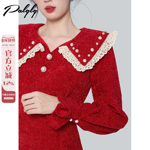 蕾丝拼接红色娃娃领连衣裙秋冬季新款收腰针织裙子甜美年会战袍女