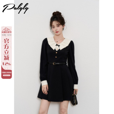 法式赫本风黑色v领连衣裙女秋季