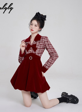 小香风v领红色格子设计感连衣裙女秋冬季高级感新年战袍丝绒裙子