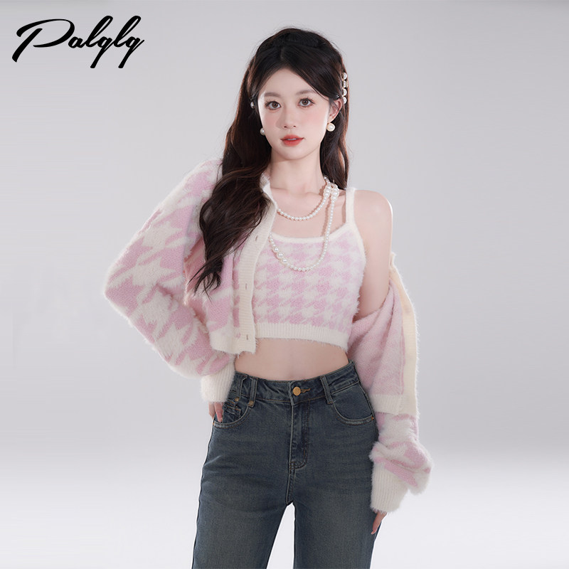 粉色千鸟格短款毛衣外套女小香风秋冬新款甜美高级感显瘦针织上衣