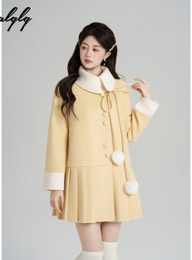 Palglg富家千金风黄色立领毛呢外套女冬季法式甜美百褶中长款大衣