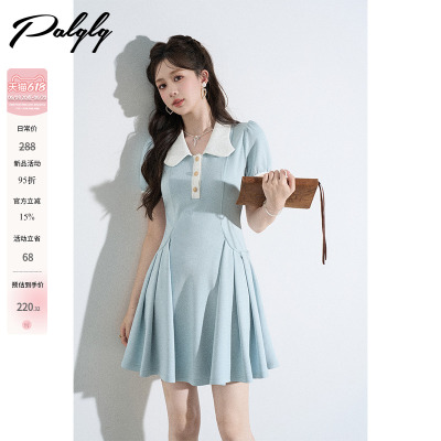 学院风蓝色翻领短袖连衣裙女夏