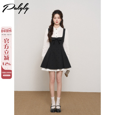 法式拼接假两件灰色衬衫连衣裙